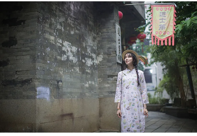 Литературные Чонсам в ретростиле платье длинные секции тонкие маленькие цветочные пластины пуговицы весенние китайские женщины