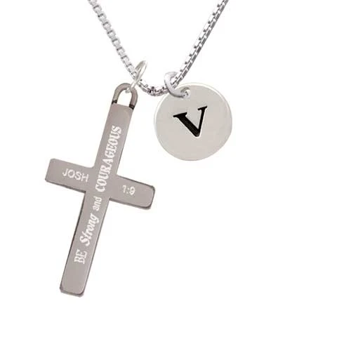 Disc 1/2'' Initial - v - - Strong and Courageous - Cross Necklace (1)
