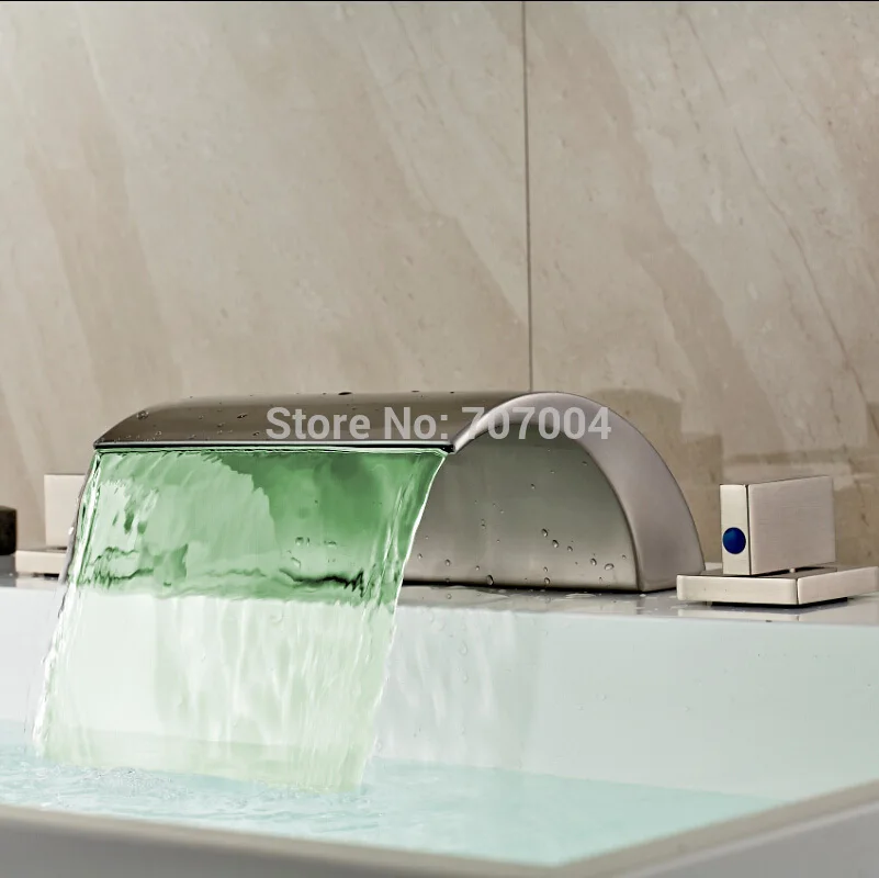 New Arrive 3PCS LED Basin Sink Waterfall Spout Faucet Brushed Nickel Double Handle Three Holes Basin