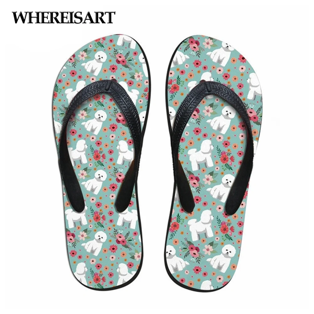 

WHEREISART Cute Bichon Fris Printed Lady's Summer Beach Flip Flops Female Flats Slip-on House Slippers Woman Women Flip Flops