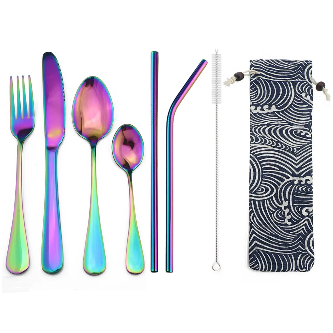 

8 pcs Rainbow Dinnerware Cutlery Set 304 Stainless Steel Dinner Knife Fork Scoops Straw Bag Pouch Travel Tableware Set