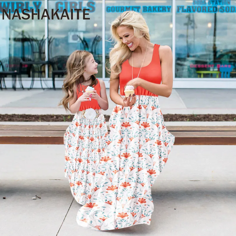 

NASHAKAITE Mommy and me Dress Sleeveless Geometric Print Long Dress vestido longo festa mae e filha Mother and Daughter Clothes