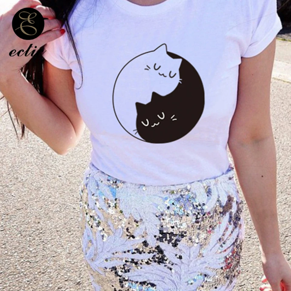 Yin Yang футболка с котом символ Camisa бланка Mujer 4xl повседневные женские футболки