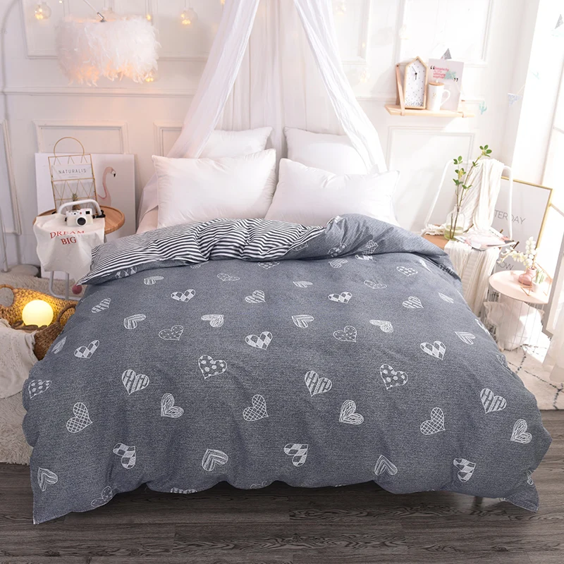 Cartoon Gray White Heart Pattern Single Duvet Cover 100 Cotton