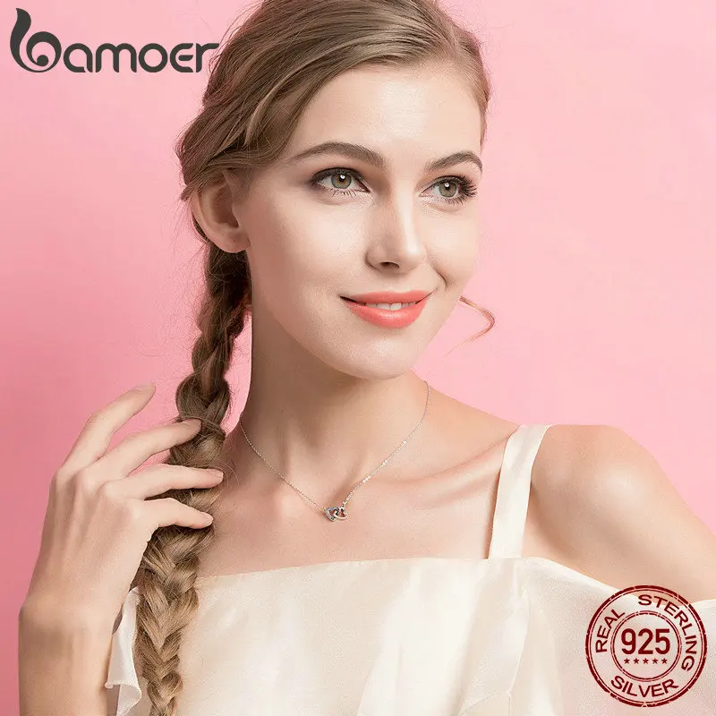 BAMOER Valentine Day Gift 925 Sterling Silver Connected Heart Couple Heart Pendant Necklace for Girlfriend Silver Jewelry SCN181 - Image 2