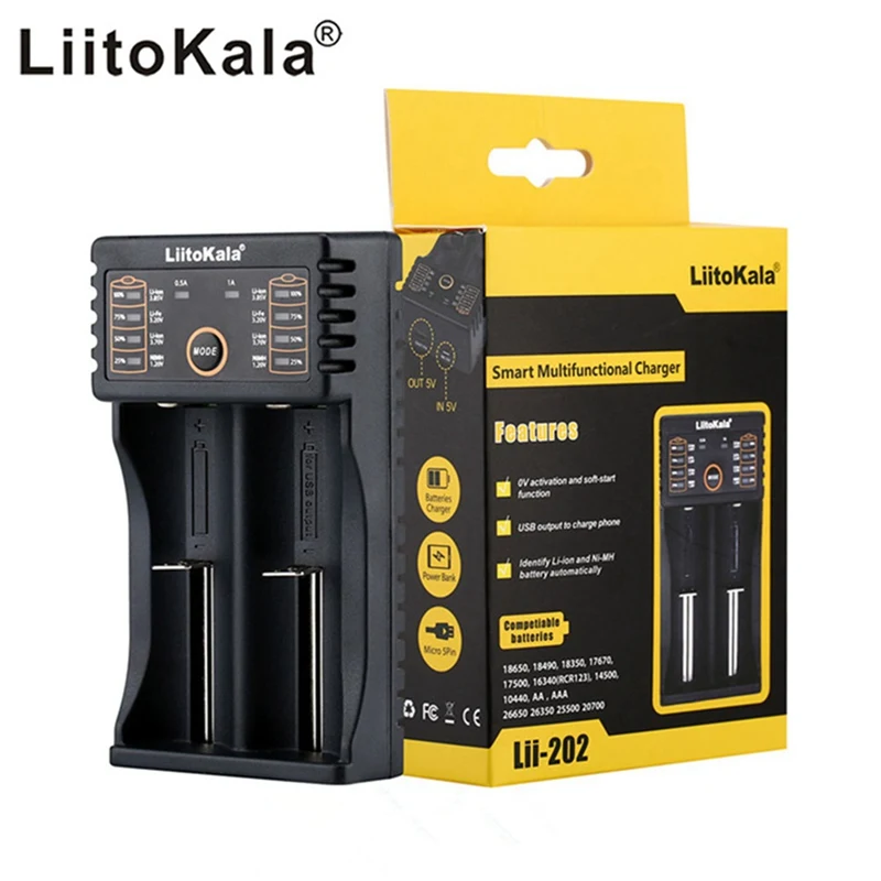 

LiitoKala Lii-202 USB Intelligent Battery Charger with Power Bank Function for Ni-MH Lithium for 18650 26650 18350 14500 lii202