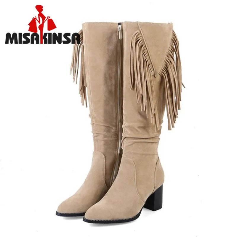 

FITWEE Plus Size 33-48 Women Winter Knee High Boots Fashion Fringes Warm Shoes Women Zipper Thick High Heels Plush Fur Boots