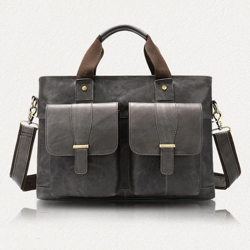 

New Vintage Retro men's Genuine leather business cowhide portable briefcase gray horizontal shoulder Messenger Bags For Men