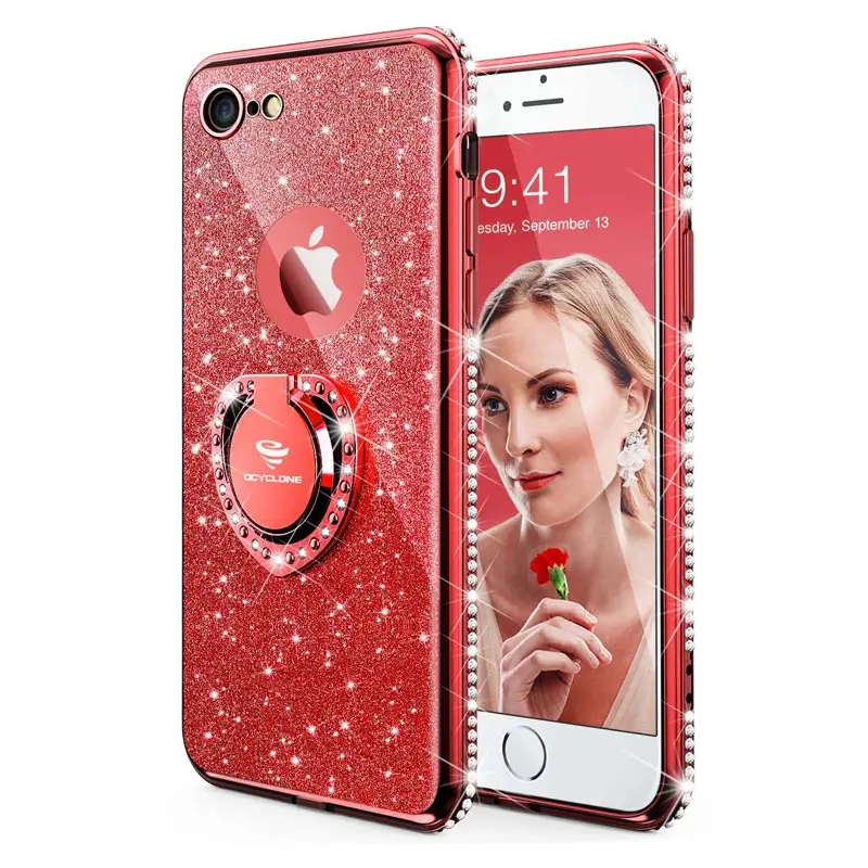  Cute Case for iphone 7 Luxury Heart-shape Kickstand&lanyard Glitter Rhinestone Bling Silicone cases