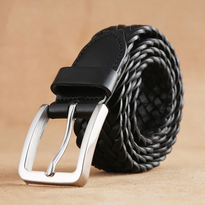 Strap male genuine leather knitted belt pin buckle genuine leather