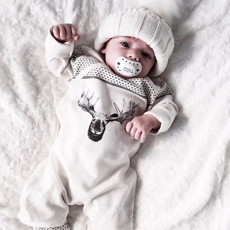 

New Cute Baby Boys Romper Newborn Baby White Deer Print Long Sleeve Baby Christmas Clothes Romper Playsuit 1 Pc