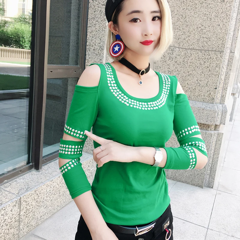 Korean Patchwork Sexy Off Shoulder Diamonds Tshirt New Autumn Women Top Three Quarter Clothes Shirt Camiseta Mujer T97210 - Цвет: Green tshirt