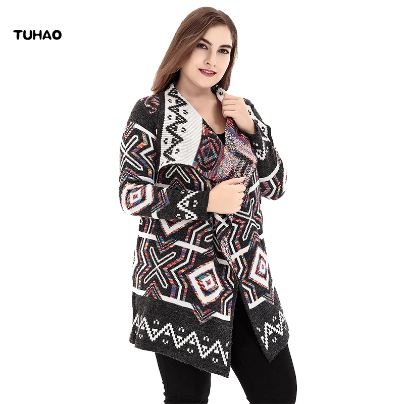 

TUHAO Vintage Knitted Sweater Cardigans Woman 2017 Autumn Winter Print Casual Overcoats Turn Down Collar Long Sleeve SQ52