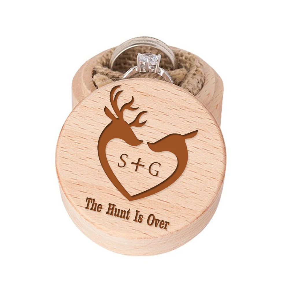 

The Hunt is Over Custom Ring Box Wedding Engagement Proposal Ring Holder Bearer Box Engraved Wooden Name Round Deer Boxes
