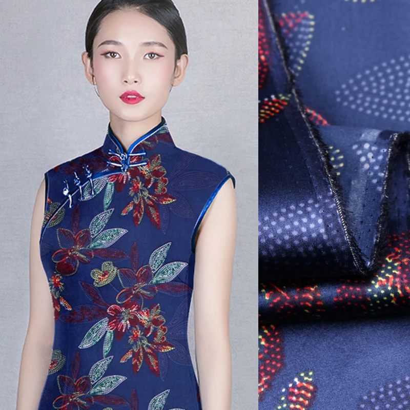 118 см в ширину 19 мм 93% шелк и 7% Спандекс Цветочный темно-синий стрейч шелк атлас Ткань для летнего платья рубашка одежда Cheongsam D868