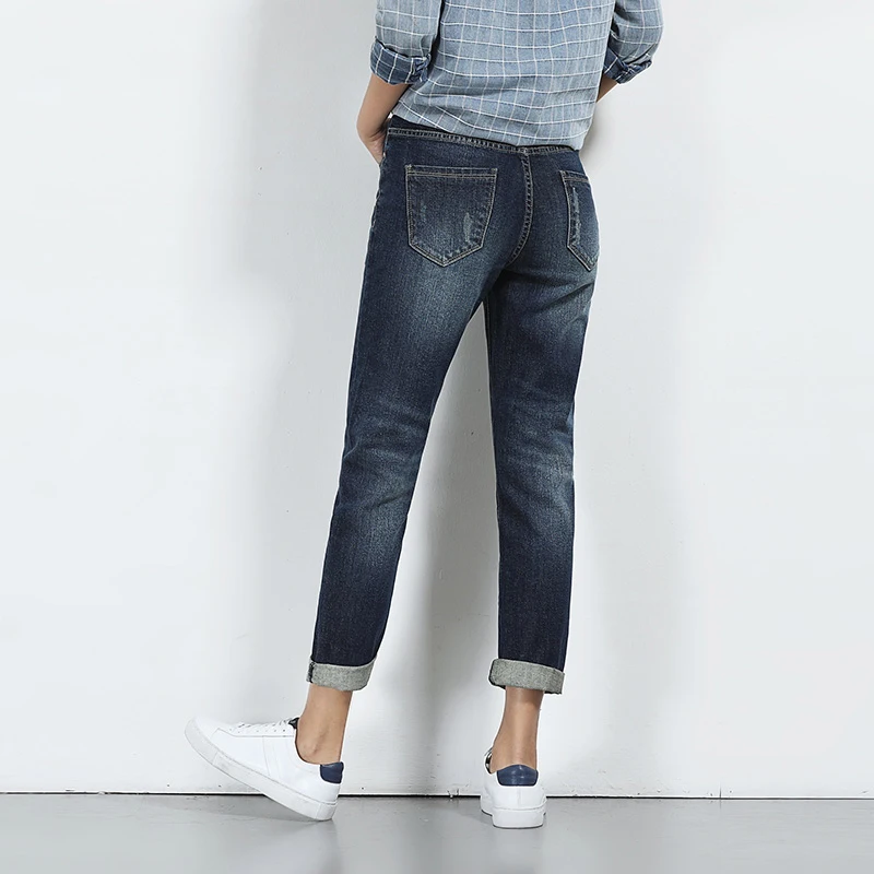 LEIJIJEANS Hot Sale Autumn Plus Size Moustache Effect Ripped Bleached Mid Waist Full Length Women Straight Stretch Jeans 5640