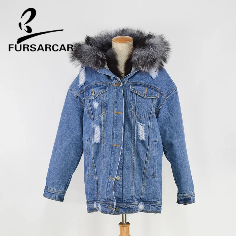 FURSARCAR Fashion New Real Fur Coat Women Winter Jean Coat With Silver Fox Fur Inside Hood Luxury Fox Fur Lining Female Jacket FURSARCAR Fashion New Real Fur Coat Women Winter Jean Coat With Silver Fox Fur Inside Hood Luxury Fox Fur Lining Female Jacket