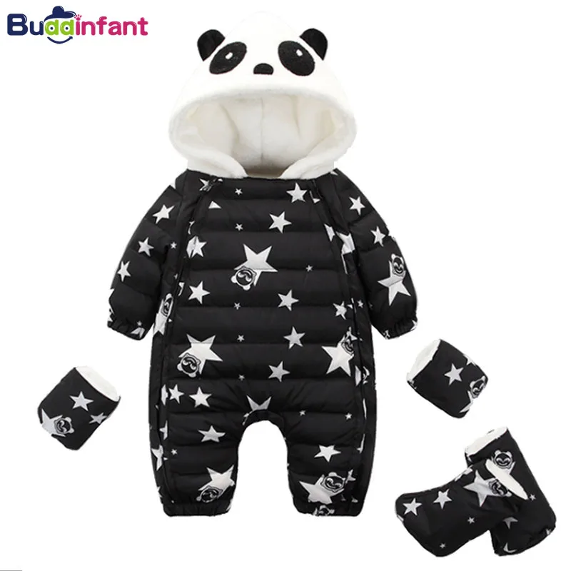 

Baby Winter Warm Clothes 90% White Duck Down Bodysuits Toddlers Boys Girl Snowsuit Panda Loose Overalls with Glove Foot Cover