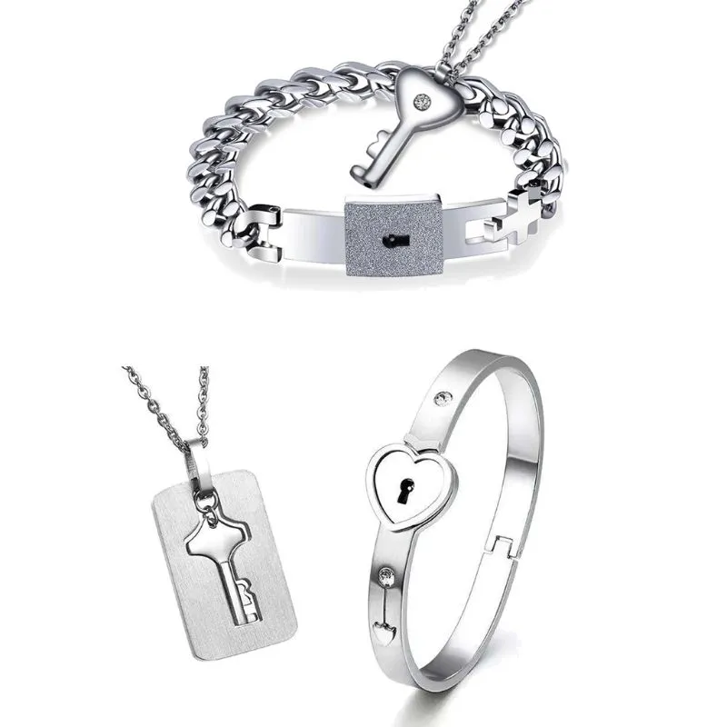 UK Love Heart Lock Bangle Bracelet & Key Titanium Steel Steel Lover Necklace Set 