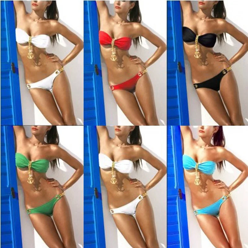 

Women's Sexy Halter Solid Halter Long Chains Padded Beachwear Bath Bikinis Sets Biquini Swimsuits Suits Tankini Swimwear