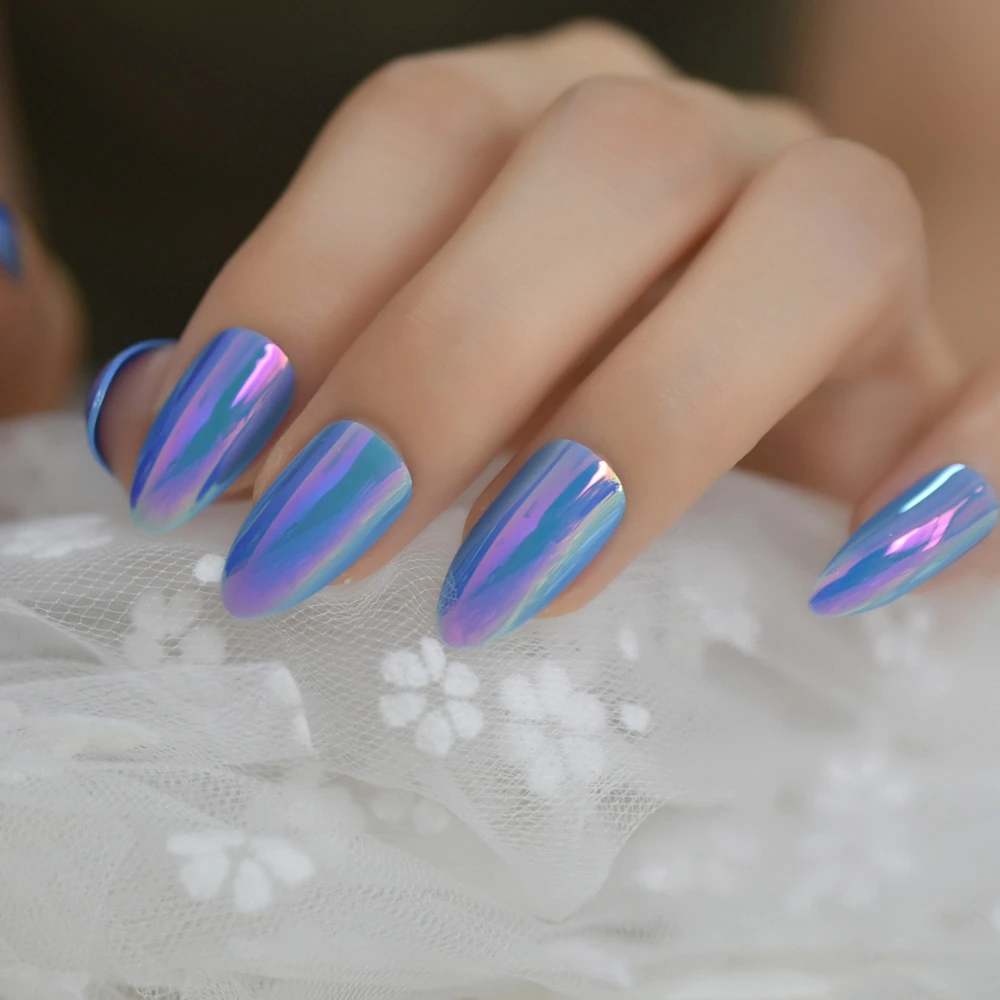 

Chameleon Blue Stilettos False Nail Press on Mirror Holo Fake Nail Tip Patch Extensions Artificial Nail Art Chip Reflective