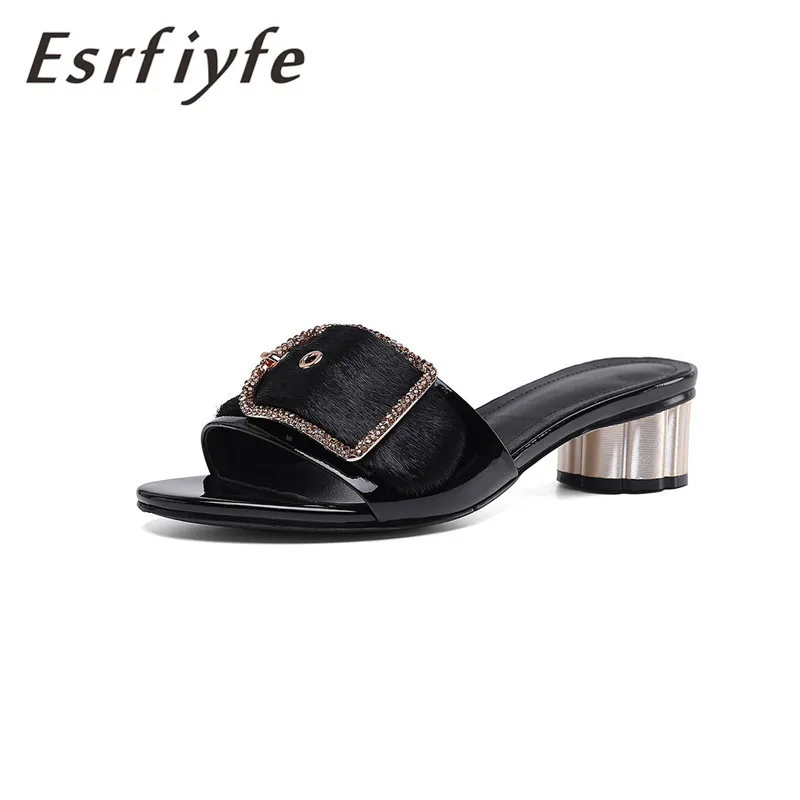 

ESRFIYFE 2019 New Genuine Leather +Horse Hair Women Slippers Summer Thick Heel Open Toe Shoes Woman Fashion Buckle Daily Shoes