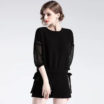 

Shorts Set Women 2019 Spring New Fashion O neck 3/4 sleeve Loose Tops + Black Shorts hot sale Black 2piece set