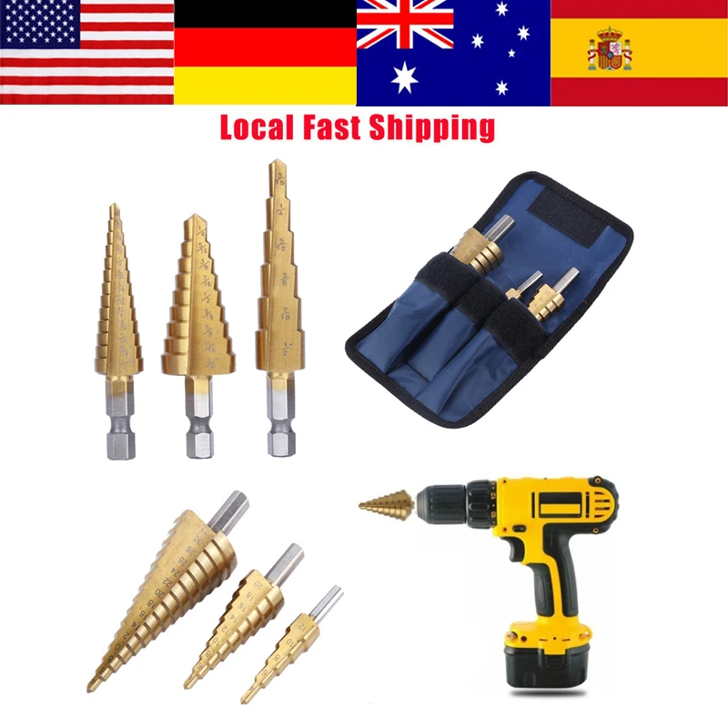 

3Pcs/Set HSS Step Drills Titanium Coated Cone Cone Drill Bit Set Hole Cutter Bit Tool W/ Pouch Woodworking Drilling Tools NEWEST