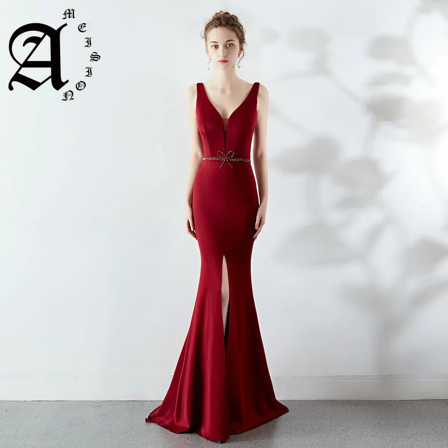 

Skinny V collar Sexy Front Split Mermaid Evening Gowns 2019 Women Long Evening Dresses With Sweep Train