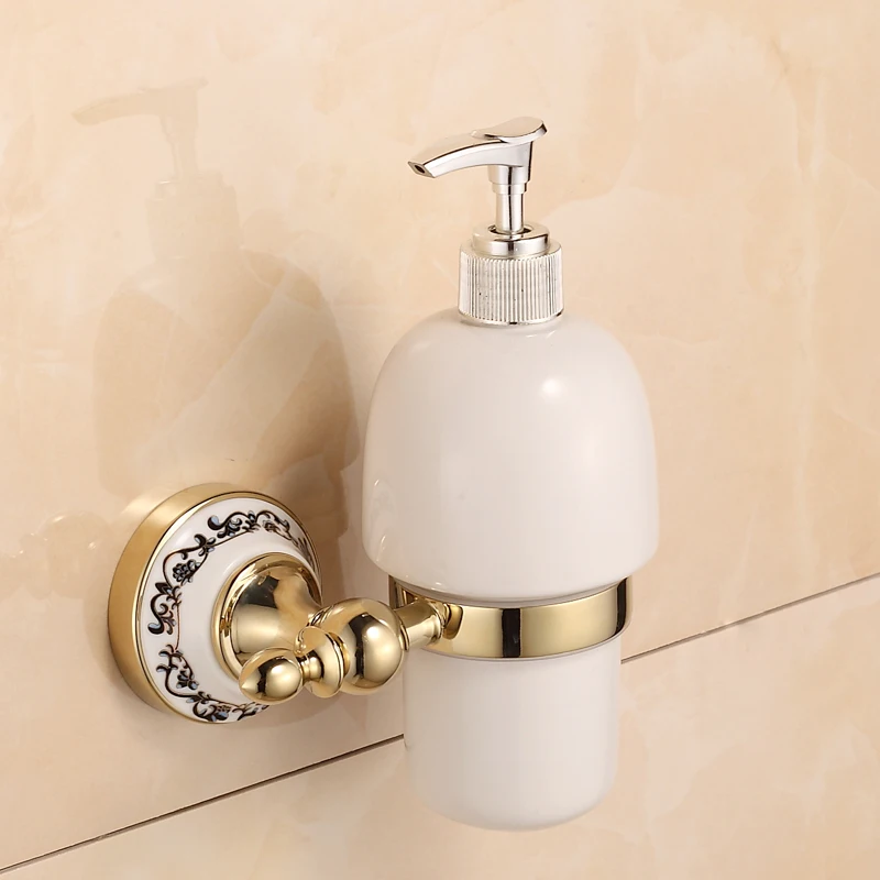 Wall Mounted Golden Brass & Ceramic Soap Dispenser Bathroom Liquid Hand