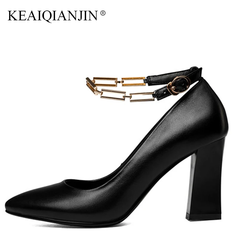 

KEAIQIANJIN Woman Spring Autumn Black Metal Decoration Pumps Red High Shoes Plus Size 33 42 Genuine Leather Pointed Toe Pumps