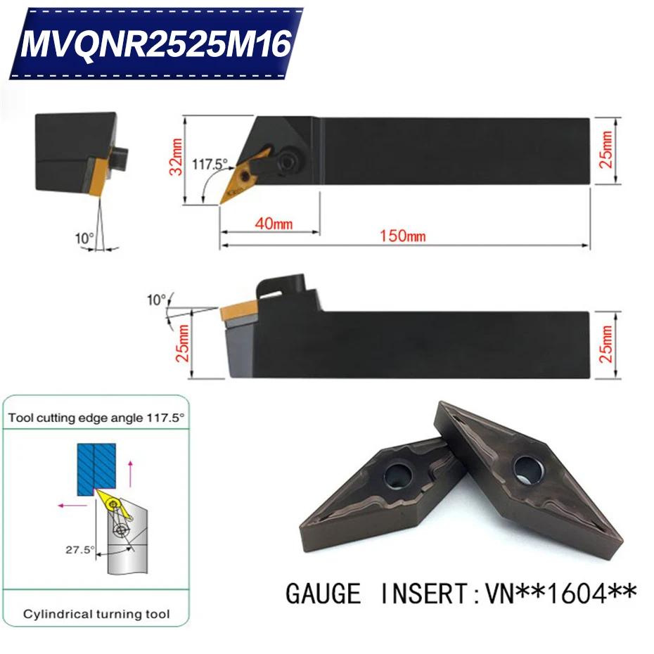 MVQNR2525M16 117 5 градусов расточной бар 25 длина 150 мм резец для наружной обточки
