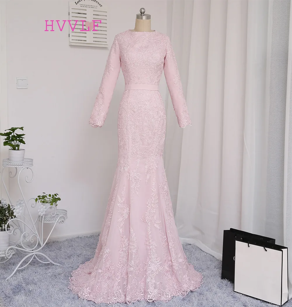 2017 Muslim Evening Dresses Mermaid Long Sleeves Pink Appliques Hijab font b Islamic b font Dubai