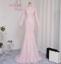 2017 Muslim Evening Dresses Mermaid Long Sleeves Pink Appliques Hijab font b Islamic b font Dubai