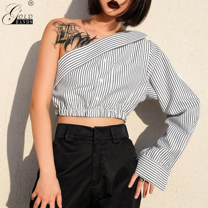 

Gold Hands New Arrival Winter Streetwear Women Shirts Casual Striped One Sholder Slim Female Tops Sexy Club Ladies Blouses