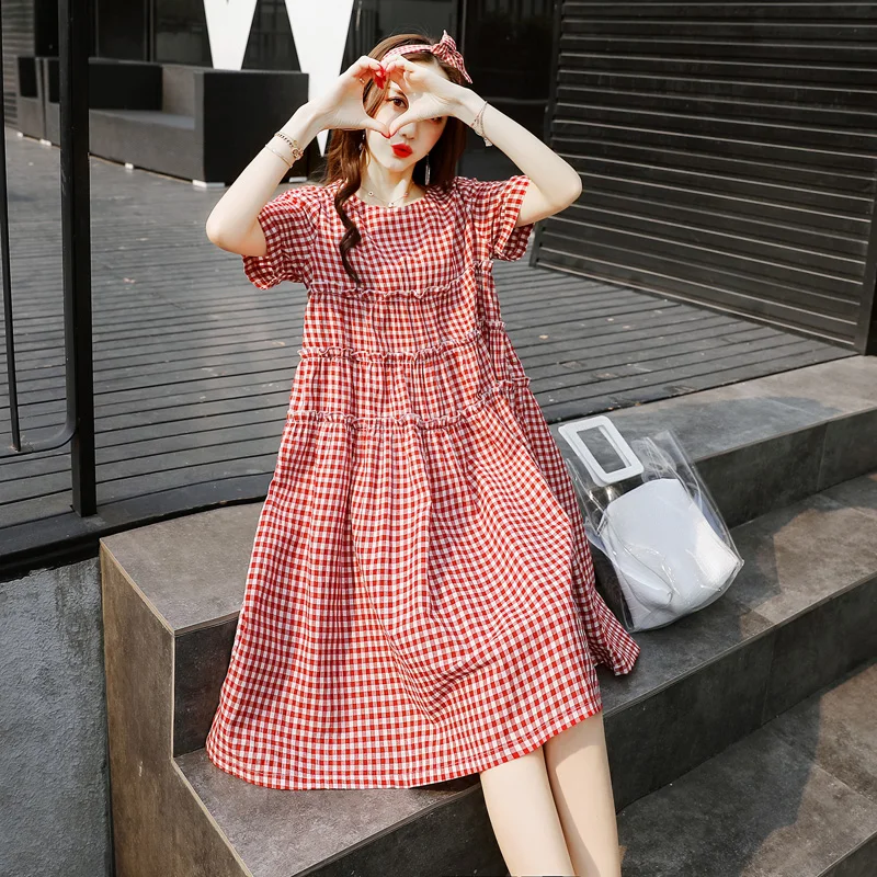 

Vintage Small Plaid Cotton Linen Maternity Dress Sweet Summer Loose Clothes for Pregnant Women Elegant Pregnancy Clothing