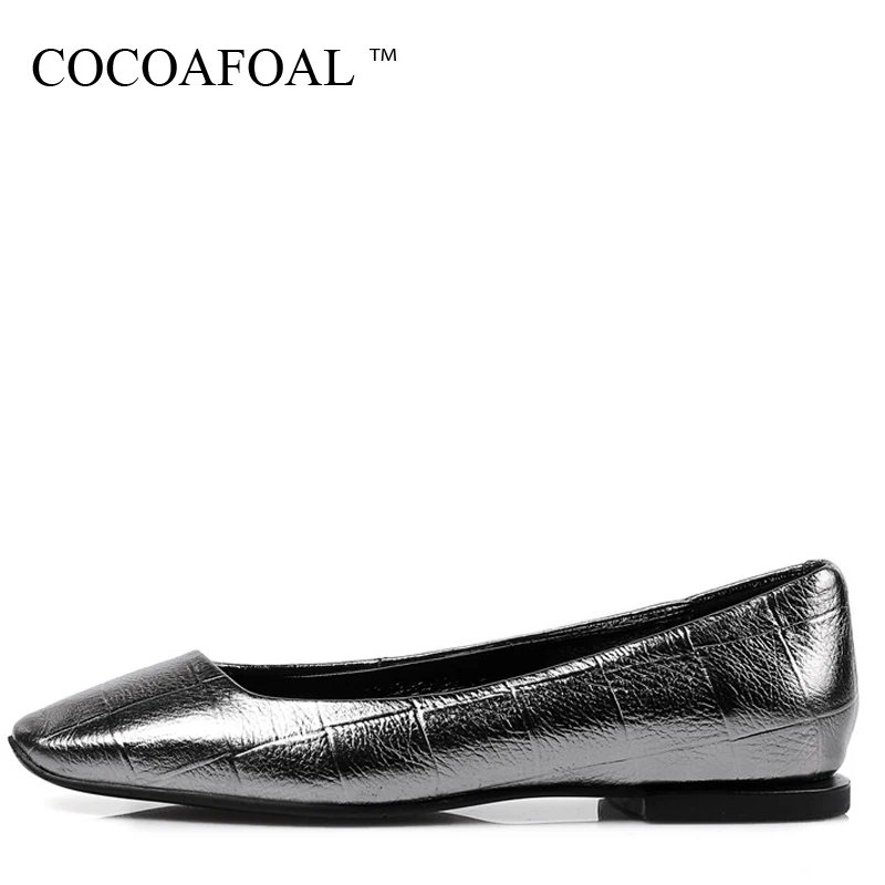 

COCOAFOAL Woman Silvery Platform Shoes Fashion Square Toe Flats Spring Autumn Shallow Genuine Leather Platform Ballet Shoes 2017