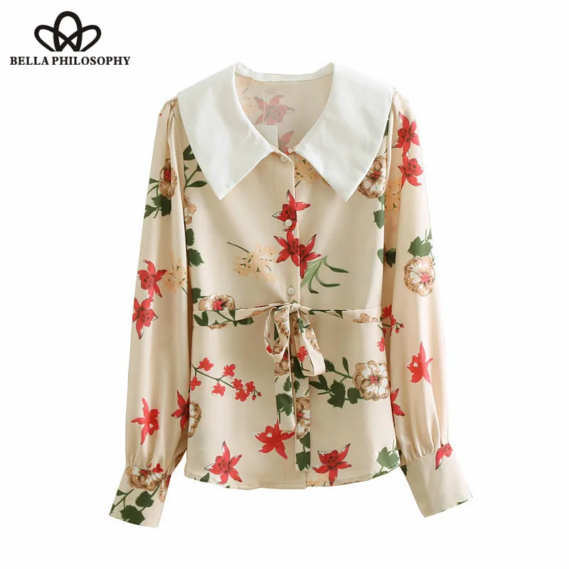 Wonder 2018 new fashion Long Sleeve Sweet Blouse Casual Sashes Female Print Floral Blouse Vintage Bow Lady Turn-Down Collar Tops