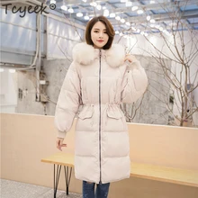 Tcyeek/женские зимние пуховики, плотное теплое длинное пуховое пальто, женская одежда с капюшоном из натурального меха енота, зимняя верхняя одежда, куртки LWL1106