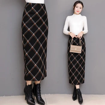 

Women Vintage Work OL Skirt Pencil Skirt High Waist Plaid Skirts Female Autumn Winter Slim Hip Woolen Skirts Plus Size Fashion