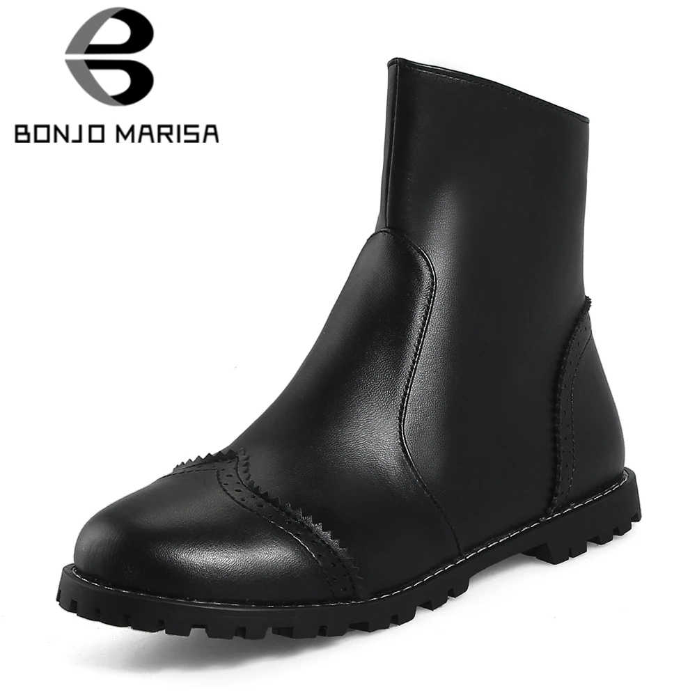 

BONJOMARISA 2018 Winter Plus Size 30-48 Brand Hot Sale Women Flat Ankle Boots Warm Fur Casual Shoes Woman Low Heeled Boots Women