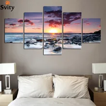 Modern Wall Art Home Decoration Printed Oil Painting 5 Piece No Frame Beach Sunset Glow Scenery