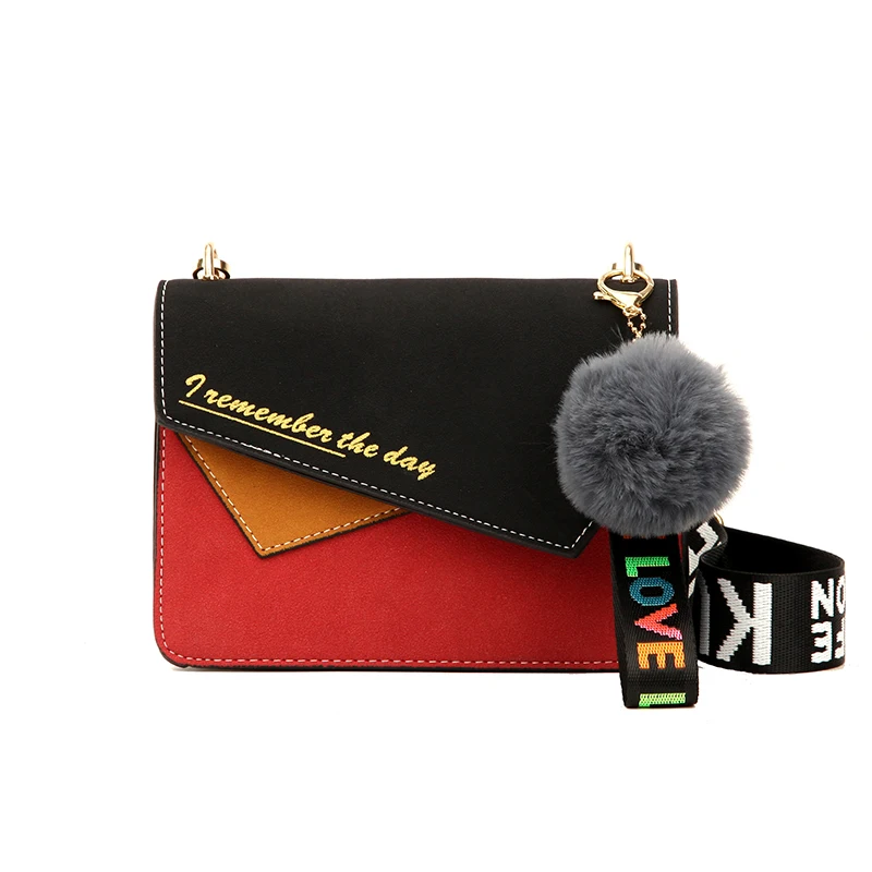 

2019 new Girl Ladies Hairball Letter webbing Messenger Bags Fashion Frosted stitching Handbag Women Contrast Shoulder Bags