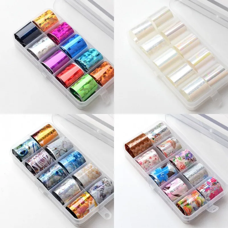 

10 Rolls Holographic Nail Art Foil Stickers Tips Starry Sky Adhesive Nail Wraps Foil Transfer Manicure Decal Set (0.98*39.4inch)