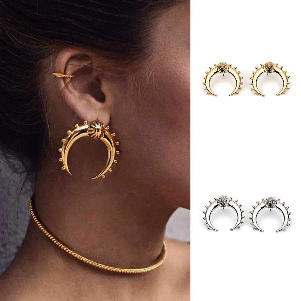 

Boho Vintage Gold Silver Bull Horn Moon Stud Earrings for Women Girl Baroque Gypsy Earring Turkish Indian Egypt Unique Jewelry