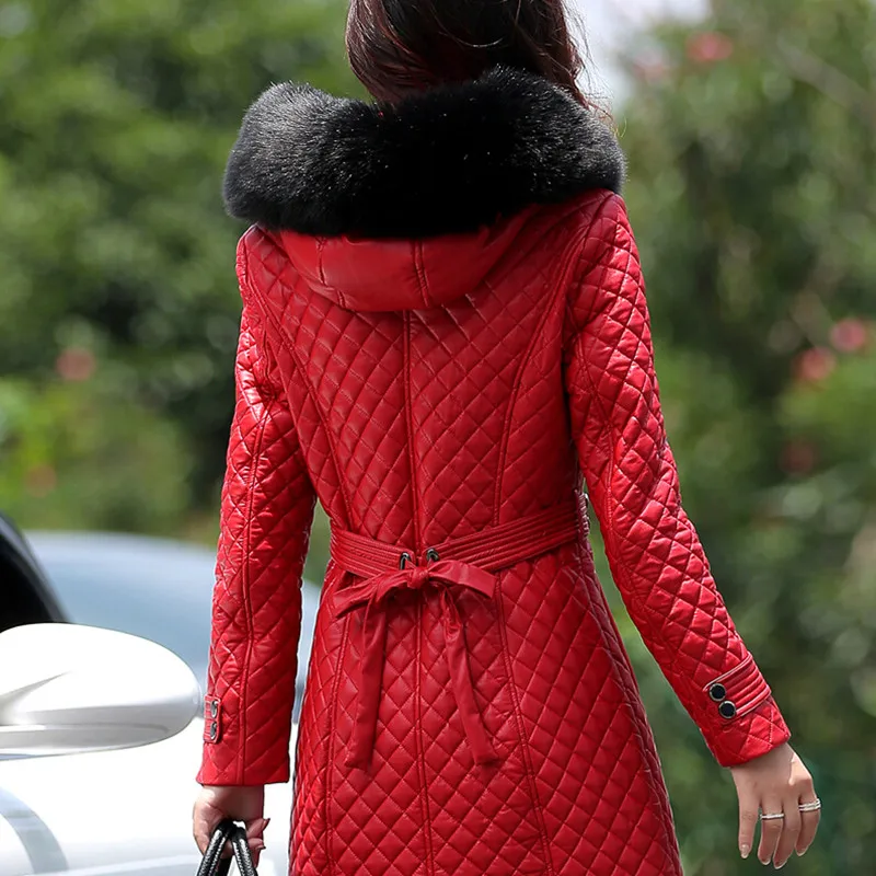 autumn and winter PU water washed leather clothing female medium-long plus size female slim trench outerwear plus cotton