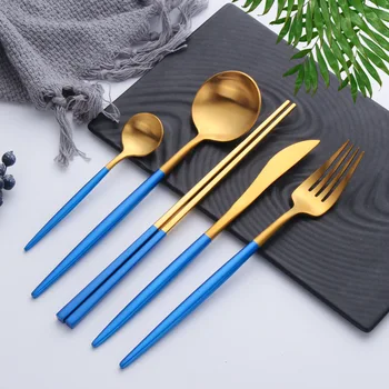 

24pcs/set Blogger Recommended Blue Gold Stainless Steel Cutlery Set Flatware Set Dinner Knife Fork Spoon Dinnerware Tableware