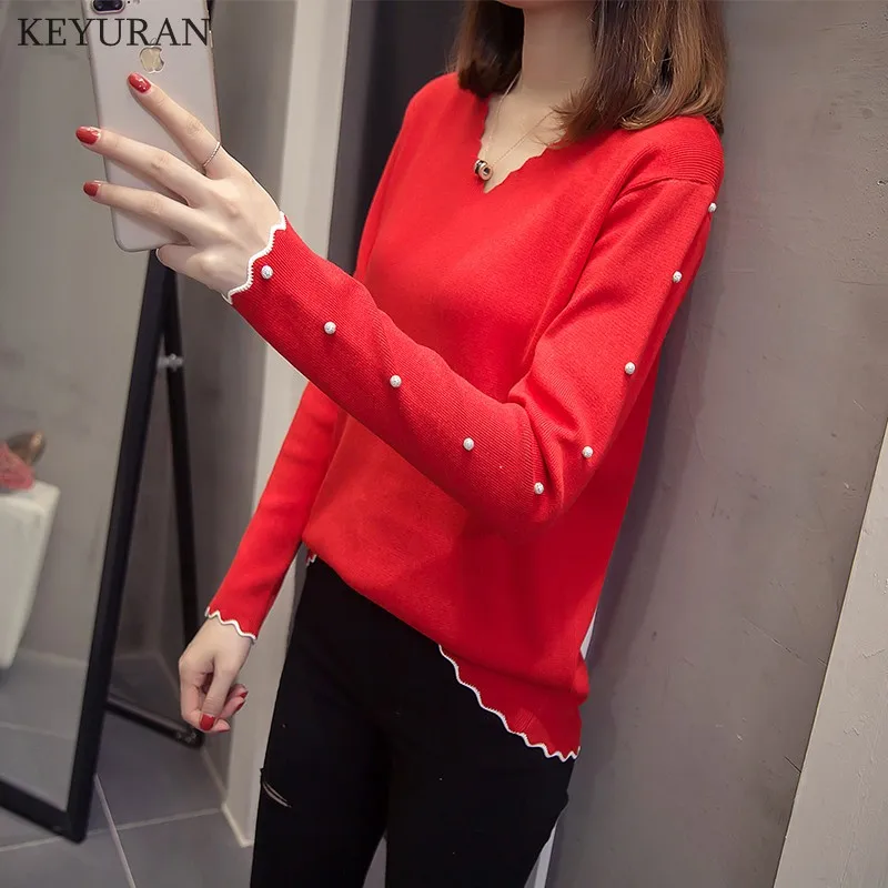 Мода, женский свитер с жемчужинами и бусинами, Женский весенне-осенний джемпер, вязаный пуловер, свитера для женщин размера плюс 4XL L2686 - Цвет: Красный