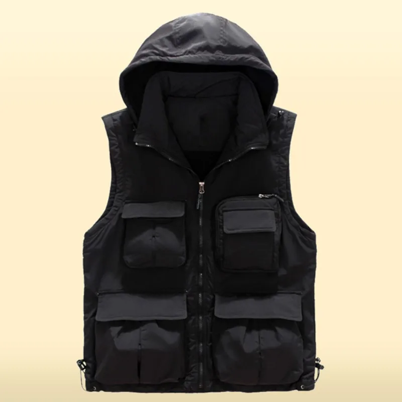 Зимний осенний бархатный термо-жилет открытый с капюшоном стоячий воротник походный рюкзак для путешествия жилет ветрозащитная верхняя одежда для рыбалки куртка - Цвет: black