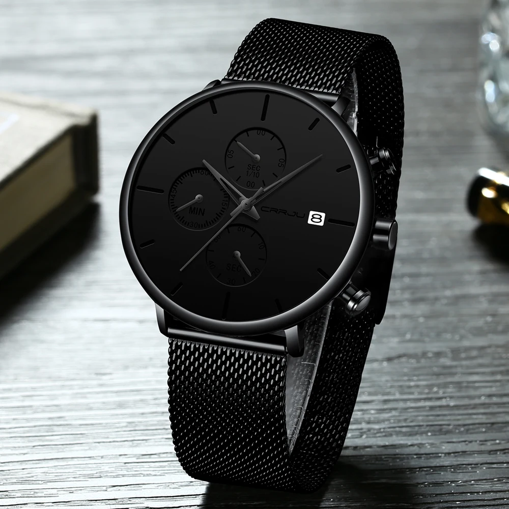 $16.79 Men Watch Crrju Watches New Sport Military Top Brand Luxury Black Steel Strap Wristwatch Relogio